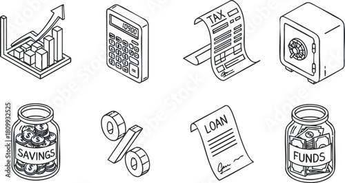 Outline vector icons representing financial concepts including savings, loans, taxes, and budgeting for use in finance-related projects.