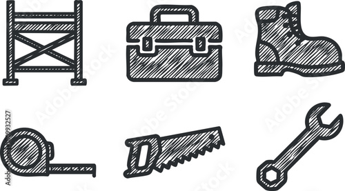 Outline vector icons set featuring construction tools and equipment for industry, repair, and maintenance projects
