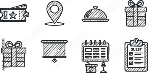 Hand-drawn style vector icon set featuring gift boxes, location marker, checklists, and hospitality elements for event planning and organization