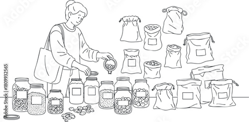 Minimalist lineart illustration showcasing a person organizing jars and bags of food items for sustainable kitchen storage