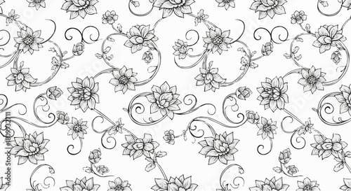 Elegant floral pattern with intricate details and swirling vines.