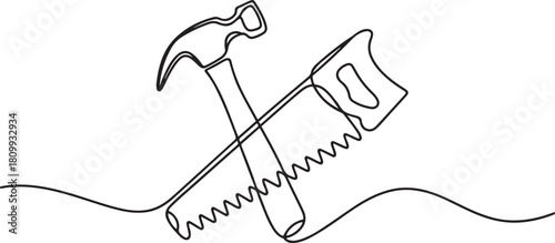 Continuous line design of hammer and saw. Single line decorative element draw. one line Icon drawing with white background