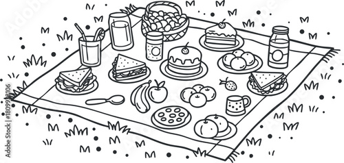 Whimsical black and white vector illustration of a picnic scene featuring a variety of foods and drinks on a blanket.