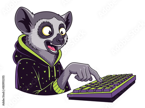 An excited cartoon lemur wearing a hoodie types on a purple computer keyboard.
