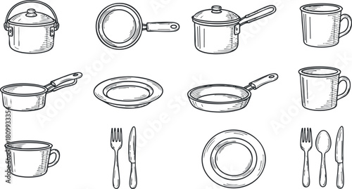 Hand-drawn vector illustration collection of kitchen utensils including pots, mugs, and cutlery for culinary design projects