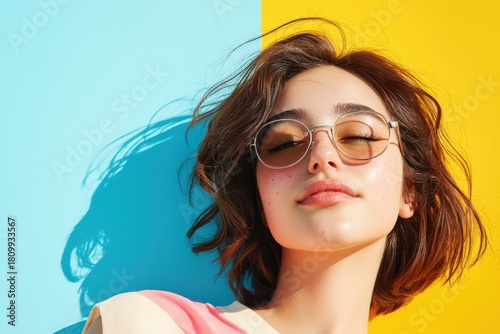Cheerful girl in stylish sunglasses making a funny face bright colorful background playful vibe soft sunlight