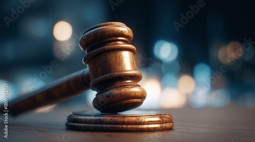 Wooden gavel resting on a desk, a symbol of justice and the legal system