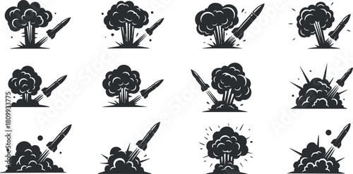 Vector icon set of explosive rocket launches and blasts in a minimalist black and white style for graphic design projects
