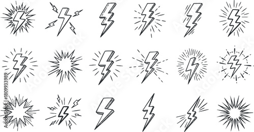 Hand-drawn vector icon set featuring various lightning bolt designs and explosive elements suitable for dynamic branding and graphic projects