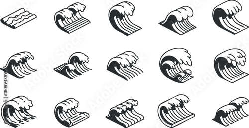 Stylized vector icon set depicting various wave designs, perfect for marine-themed branding and graphic projects