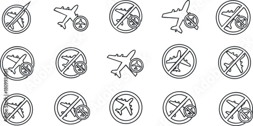 Set of minimalist vector icons featuring airplane prohibition symbols, ideal for travel-related designs and safety communications
