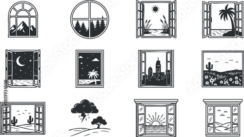 Collection of minimalist vector window illustrations featuring various nature and cityscape views for design and branding projects