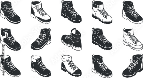 Seamless pattern of hiking boots vector illustration in black and white style for outdoor and fashion design projects