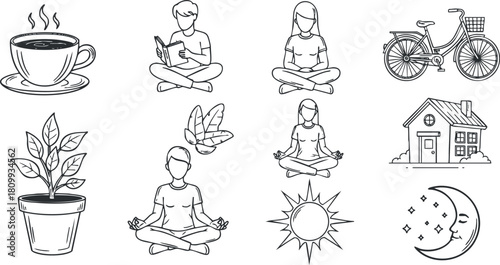 Collection of minimalist line art icons depicting wellness themes including coffee, meditation, reading, and outdoor activities.