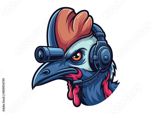 A fierce cassowary bird mascot character for an esports team, wearing a gaming headset and a tactical scope.