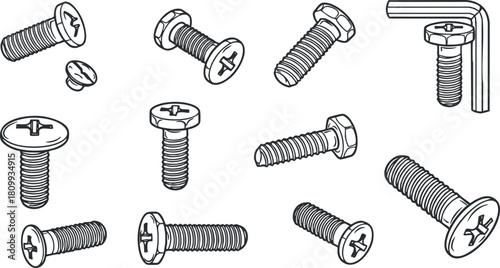 Vector illustration set of various screws and fasteners in outline style, ideal for engineering and construction projects