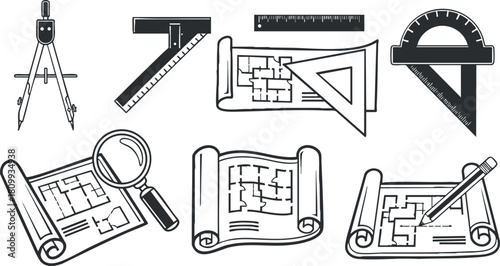 Vector illustration featuring architectural drafting tools including compasses, rulers, and blueprints for design projects