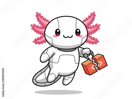 A cute robotic axolotl character holding a broken orange block.