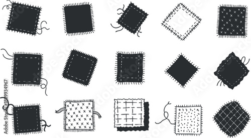 Stylized black and white vector illustration of various hand-stitched fabric patches, perfect for crafting and textile design projects