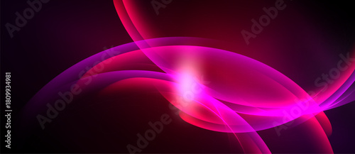 Abstract design features flowing pink shapes, vibrant light source, dark background. Smooth curves create dynamic visual effect.