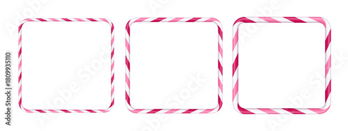 Festive candy cane frame set with pink, red and white stripes. Christmas and Valentine’s Day striped vector border template. Sweet holiday design with space for text, isolated on white background