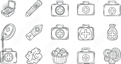 Outline vector icon set of medical and health-related elements for healthcare design and first aid applications