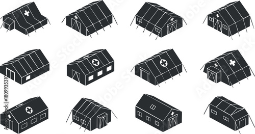 Flat design vector illustration of medical tents in a set, suitable for healthcare, emergency response, and humanitarian aid contexts