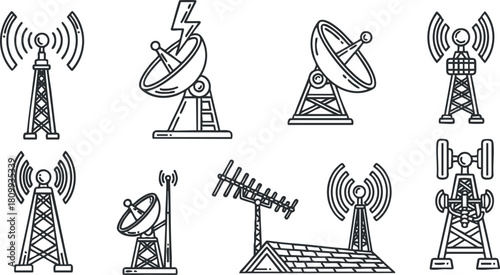 Hand-drawn vector icon set featuring various telecommunications towers and antennas for technology and communication projects