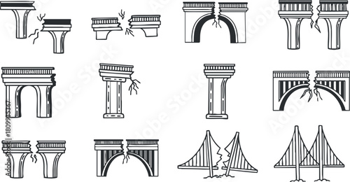 Outline vector illustration of damaged architectural structures, including bridges and columns, suitable for engineering and design projects
