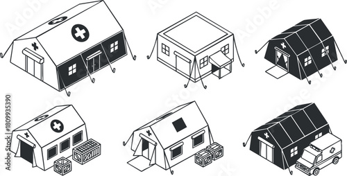 Set of minimalist black and white vector illustrations of various medical tents for emergency and healthcare purposes.