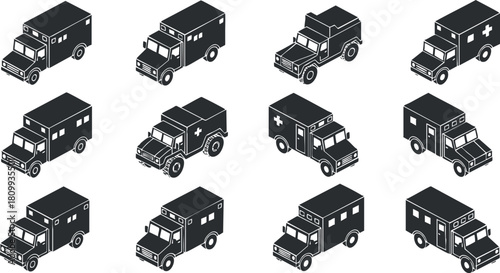 Set of minimalist black and white vector illustrations featuring various ambulance designs for healthcare and emergency services