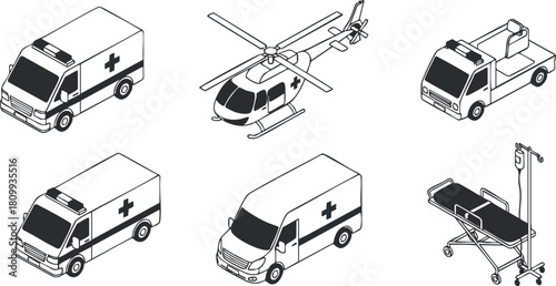 Outline vector icon set featuring various emergency medical vehicles including ambulances, a helicopter, and medical equipment