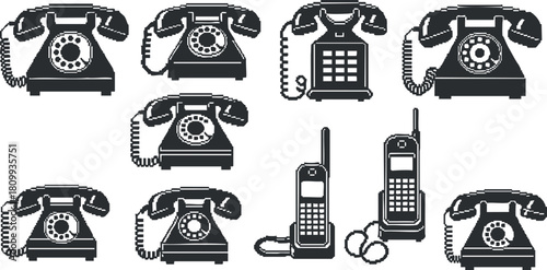 Vector illustration set featuring various styles of telephones including landline, vintage, and mobile devices for communication design projects