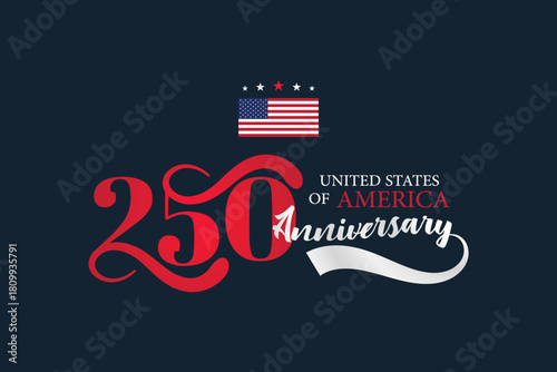 United States America 250 Anniversary Script Banner. Elegant Dark Blue Calligraphy Background