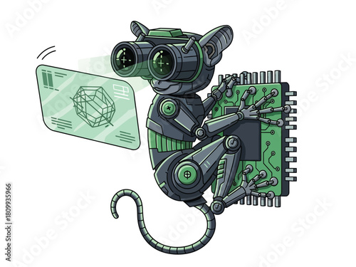 A futuristic robotic mouse with binoculars examines a holographic blueprint while holding a circuit board.