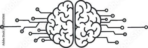 Minimalist outline vector illustration of a brain connected with circuits, symbolizing technology and artificial intelligence concepts.