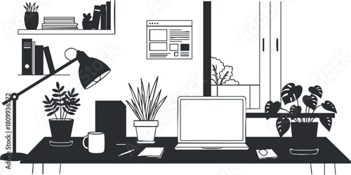 Minimalist black and white vector illustration of a modern home office workspace featuring plants, a computer, and decorative elements