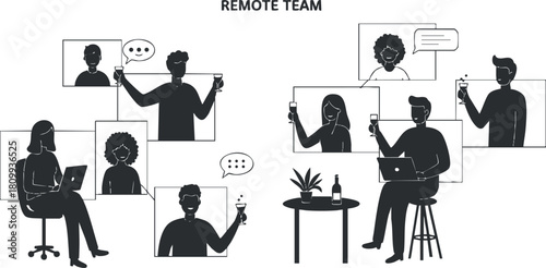 Minimalist black and white vector illustration of a remote team collaborating through digital devices, ideal for business and technology contexts