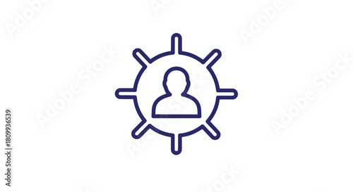 Blue outline icon of a person inside a ship steering wheel