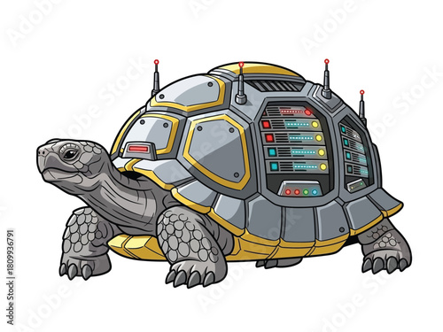 A futuristic cyborg tortoise with a high-tech computer server for a shell, isolated on a white background.