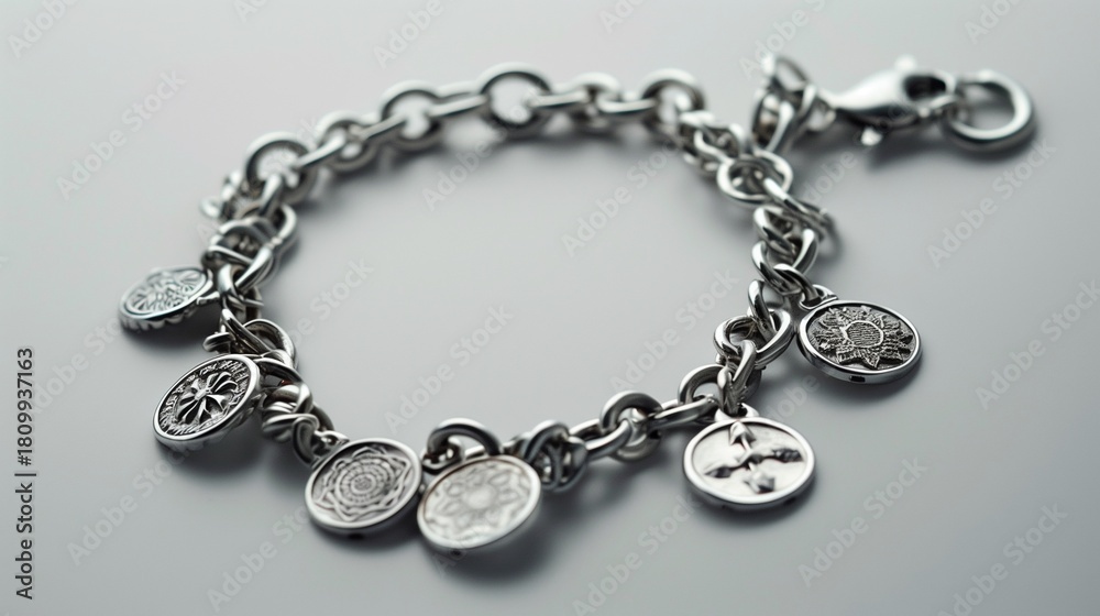 Obraz premium Elegant Silver Charm Bracelet Adorned with Intricate Symbolic Designs