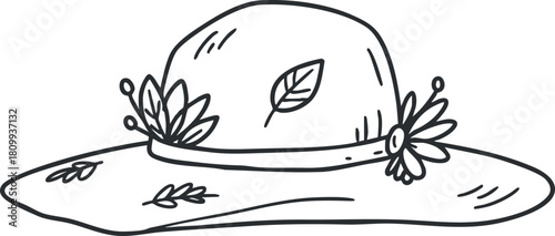 Hand-drawn line art illustration of a stylish summer hat adorned with floral elements, perfect for fashion and accessory design