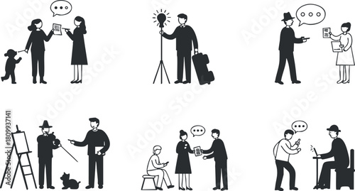 Minimalist black and white vector illustration set depicting various professional and social interactions for branding and design projects