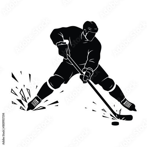 Ice Hockey Player Silhouette Vector Illustration. Hockey Athlete with Stick and Puck Silhouette Design. Action Sport Player with Broken Ice Effect on White.