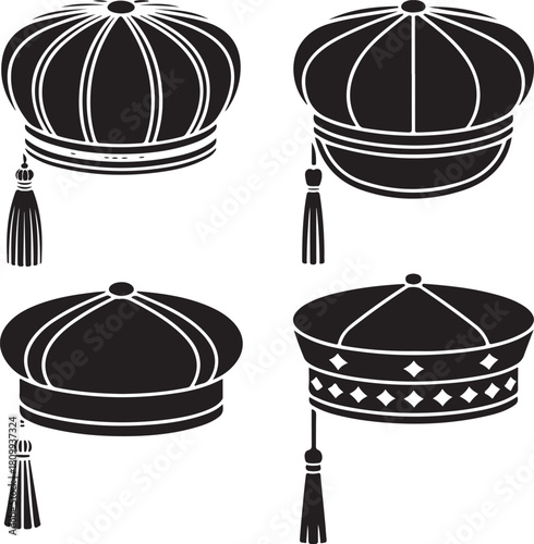 Black Silhouette Illustration of Decorative Tassel Caps Detailed Solid Vector
