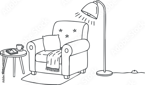 Minimalist line art illustration of a cozy living room corner featuring a chair, lamp, and coffee table