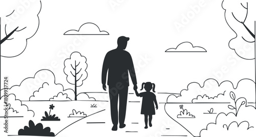 Minimalist black and white vector illustration of a father and daughter walking together in a natural outdoor setting.
