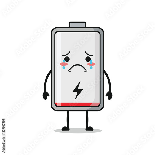 Sad battery character with low charge and tears, on, symbolizing energy depletion and emotional distress