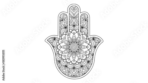 Detailed hamsa hand graphic with intricate floral and geometric patterns, perfect for coloring books and spiritual themes designs