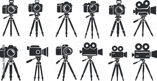 Collection of minimalist black and white vector illustrations featuring various cameras and tripods for photography and videography projects